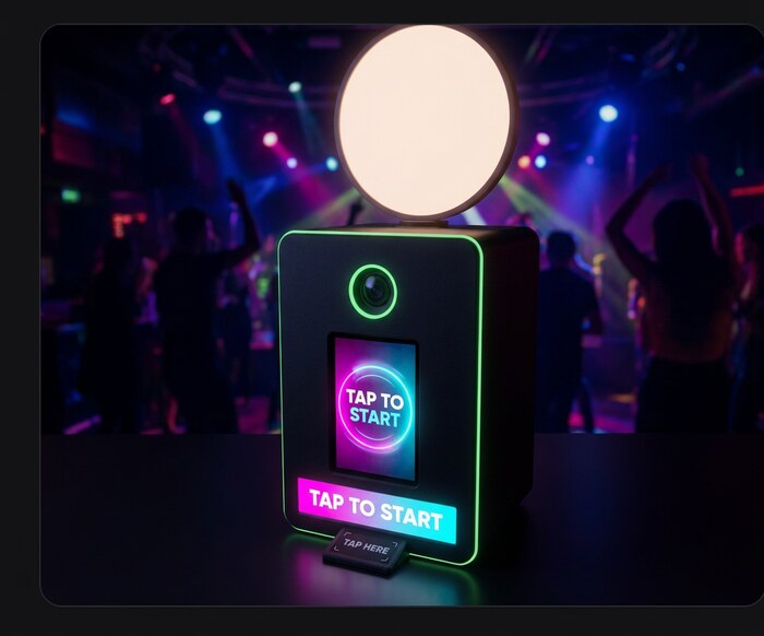 Booth Mini with a glowing light ring in a dark room